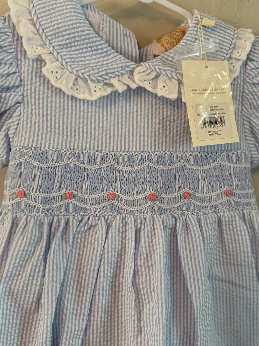 The Beaufort Bonnet Company Blue Seersucker Floral Smocked Dress